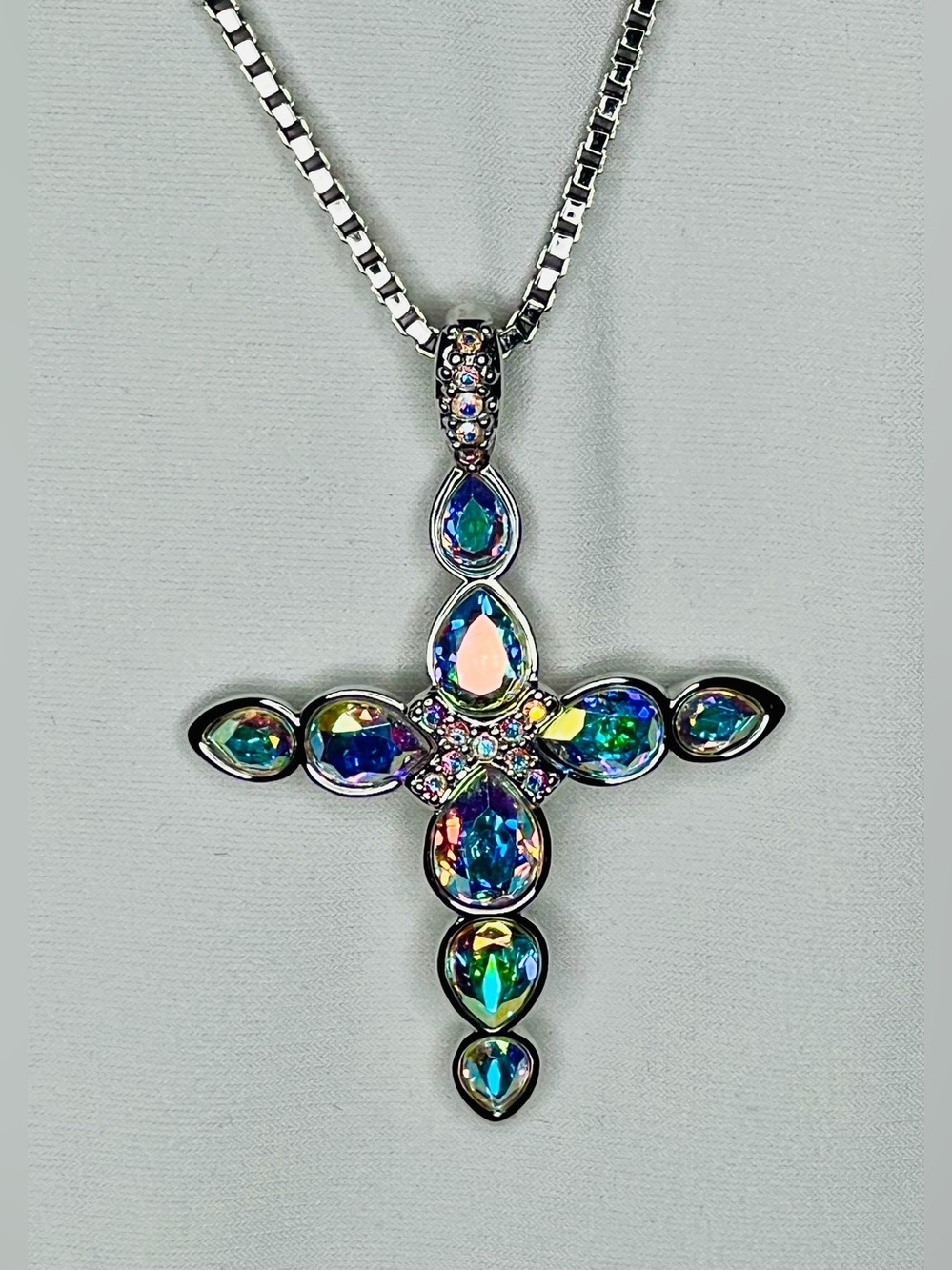 Swarovski Brand Iridescent Crystal Cross Pendant Necklace, Rhodium Plated,NWOT
